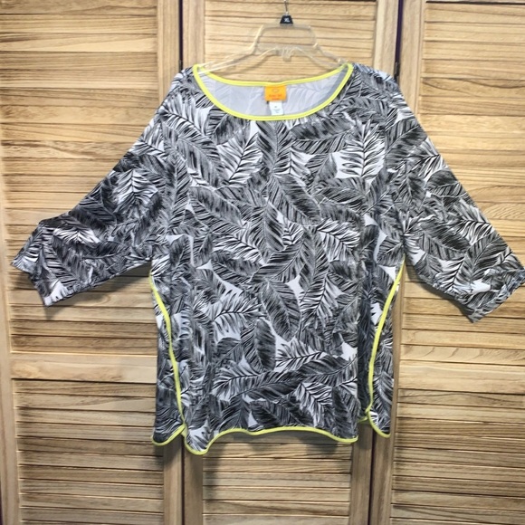 Ruby Rd Long Sleeve Blouse Black White Striped With Yellow Trim 2X Palm Leaves - Picture 1 of 10